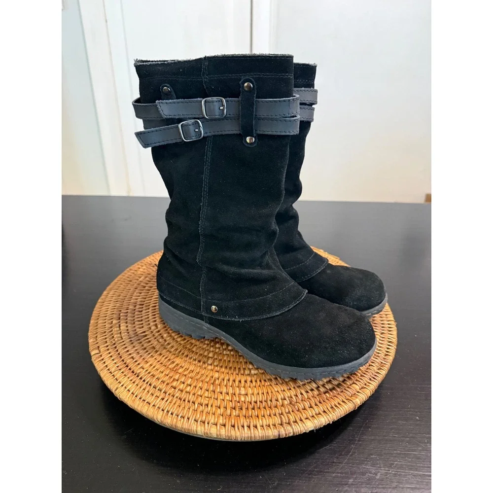 Khombu Mallory Black Suede Leather Faux Fur Lined Mid Calf Boots Womens 8M